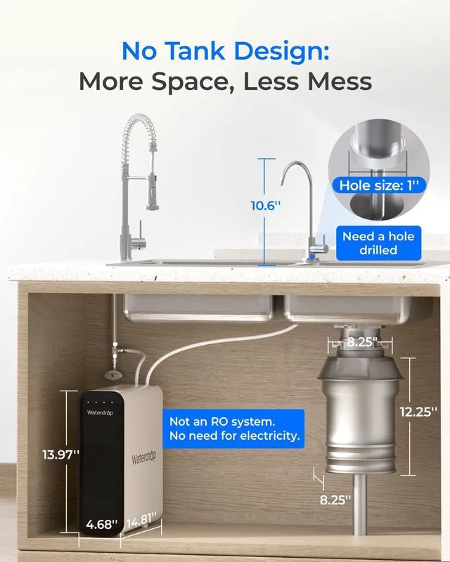 Alt view image 4 of 7 - Waterdrop TSU 0.01 Micron Ultra Filtration Under Sink Water Filter System, 3-Stage Tankless Under Sink Water Filtration System, Smart Panel, with Faucet, Drilling Required, Not Lower TDS