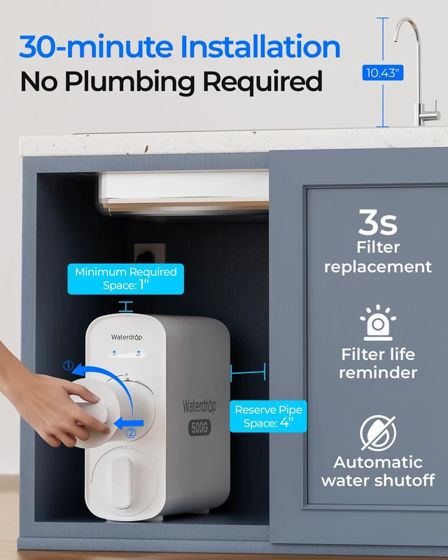 Alt view image 6 of 7 - Waterdrop G5P500A Reverse Osmosis System, 8-Stage RO Filtration, Alkaline.NSF/ANSI 58 & 372 Certified, Alkaline Mineral pH+, Tankless RO Water Filter, 500 GPD, 2:1 Pure to Drain, Reduce TDS
