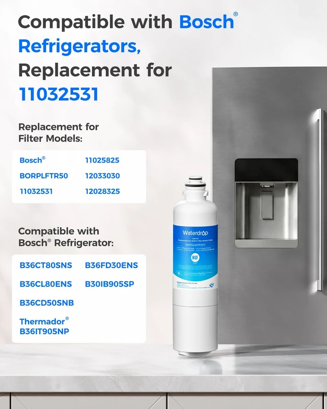 Alt view image 2 of 7 - Waterdrop 11032531 Water Filter Replacement for Bosch® BORPLFTR50,Replacement for Bosch®, Thermador® Refrigerator Water Filter models,BORPLFTR50, BORPLFTR55, 11025825, 12033030