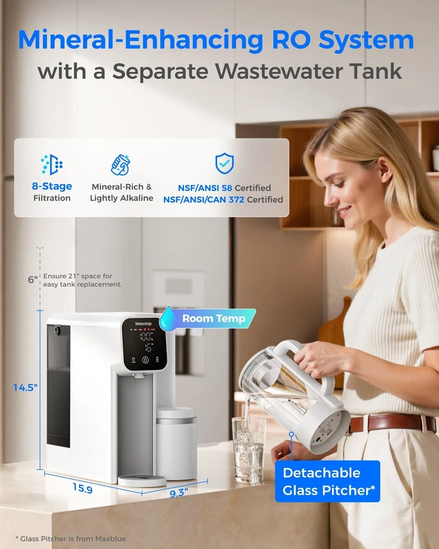 Alt view image 2 of 7 - Waterdrop M6SL Mineral Reverse Osmosis Water Filter Countertop, Room-Temp,Glass Pitcher, NSF/ANSI 58 Certified, 8-Stage RO Filtration System, Reduce PFAS/TDS, 3:1 Pure to Drain