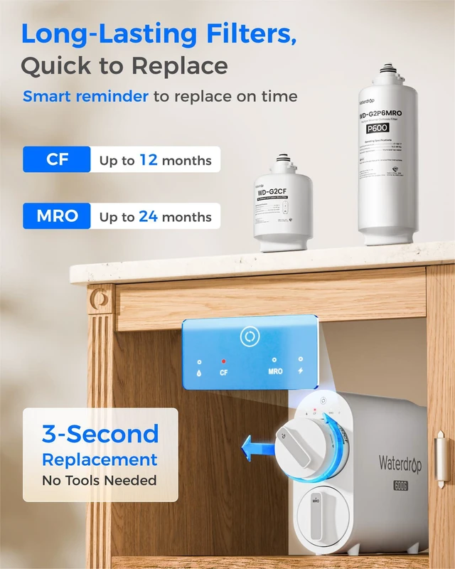 Alt view image 6 of 7 - Waterdrop G2P600 Under-Sink RO System, 600 GPD Tankless RO Water Filtration, 7 Stage RO Water Filtration, NSF/ANSI 372 Certified, 2:1 Pure to Drain, TDS Reduction