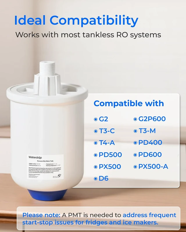 Alt view image 6 of 7 - Waterdrop PMT Small Water Pressure Tank, Compatible with Tankless RO System, Fits All 1/4" & 3/8" Water Tubing Undersink RO Filter, Mini Reverse Osmosis Storage Tank for D6 & G2 & T3 & T4