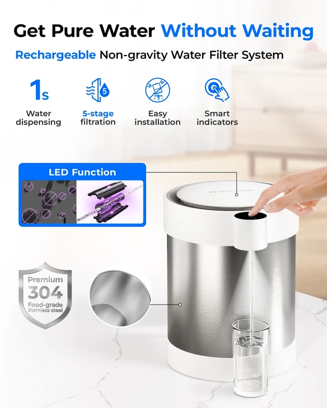 Alt view image 2 of 7 - Waterdrop ED09W Rechargeable Non-Gravity Water Filter System with LED Function, Reduces 70+ Contaminants, Lead, Chlorine, 5-Stage Stainless Steel Filtration System, 22-Cup