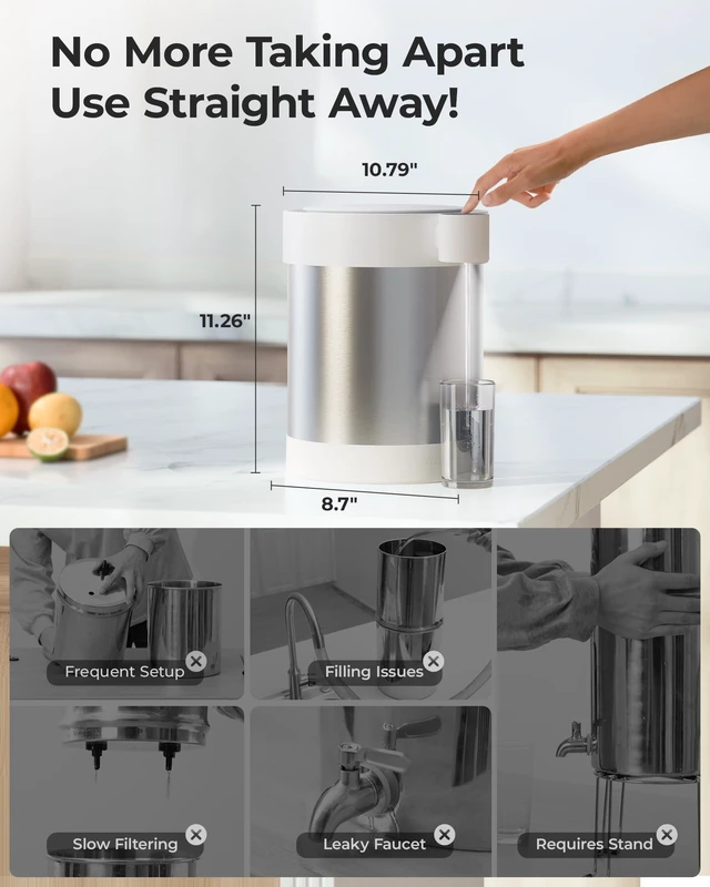 Alt view image 4 of 7 - Waterdrop ED09W Rechargeable Non-Gravity Water Filter System with LED Function, Reduces 70+ Contaminants, Lead, Chlorine, 5-Stage Stainless Steel Filtration System, 22-Cup