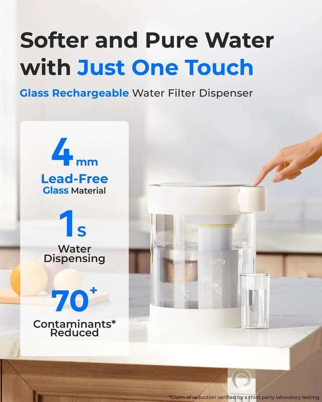 Alt view image 2 of 7 - Waterdrop ED12W Glass Rechargeable Water Filter Dispenser, Large 22-Cup, Reduce 70+ Contaminants, Instant Eco-Friendly Countertop Water Filter System, 5-Stage Soften Water Pitcher, with 1 Filter