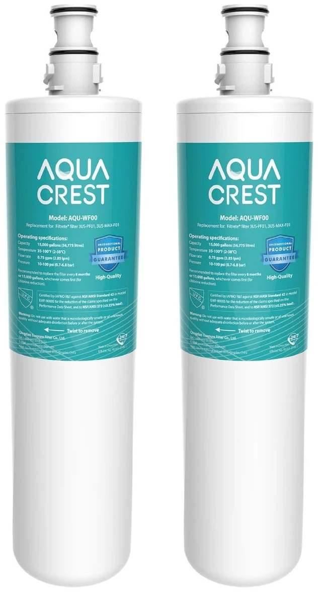 Main image of AQUA CREST 3US-PF01 Water Filter Replacement for Filtrete® 3US-PS01, 2 Pack, Compatible with Filtrete® 3US-MAX-F01H, 3US-PF01H, HF20 HF25 HF27, Manitowoc K-00337, K-00338, Delta RP78702, NSF/ANSI 42