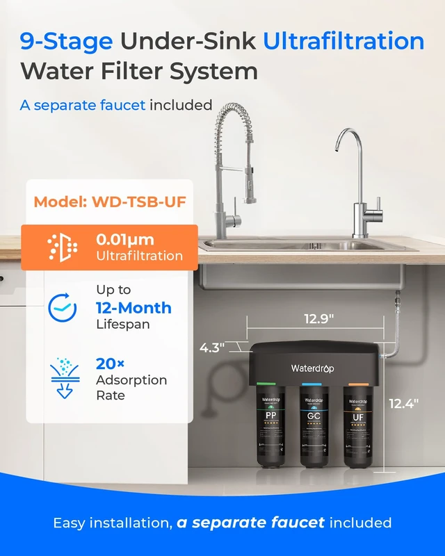 Alt view image 2 of 7 - Waterdrop TSB-UF 0.01 m Ultra Filtration Under Sink Water Filter System,Reduces Chlorine, Fluoride, Taste&Odor, 9 Layer Under Sink Water Filtration System, Easy Installation, with Dedicated Faucet