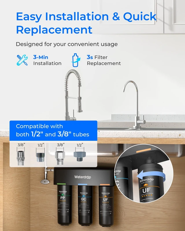 Alt view image 5 of 7 - Waterdrop TSB-UF 0.01 m Ultra Filtration Under Sink Water Filter System,Reduces Chlorine, Fluoride, Taste&Odor, 9 Layer Under Sink Water Filtration System, Easy Installation, with Dedicated Faucet