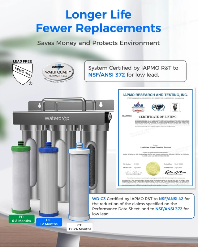 Alt view image 7 of 7 - Waterdrop TST-UF 0.01m Ultra-Filtration Under Sink Water Filter System, Removes 99% of Substances, Chlorine, Bad Taste & Odor, No Drill Required, Stainless Steel Under Sink Water Filtration System