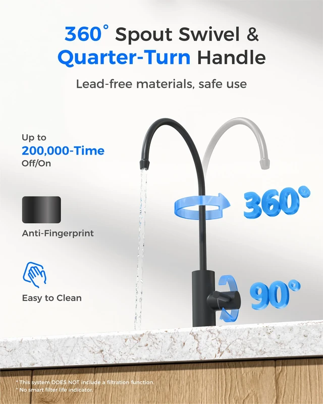Alt view image 7 of 7 - Waterdrop G2FCT-BLK Drinking Water Faucet, NSF/ANSI 372 Certified, Black, RO Water Filter Faucet for Kitchen Bar Sink, Lead-Free, 304 Stainless Steel, Single Handle, 360° Swivel Spout