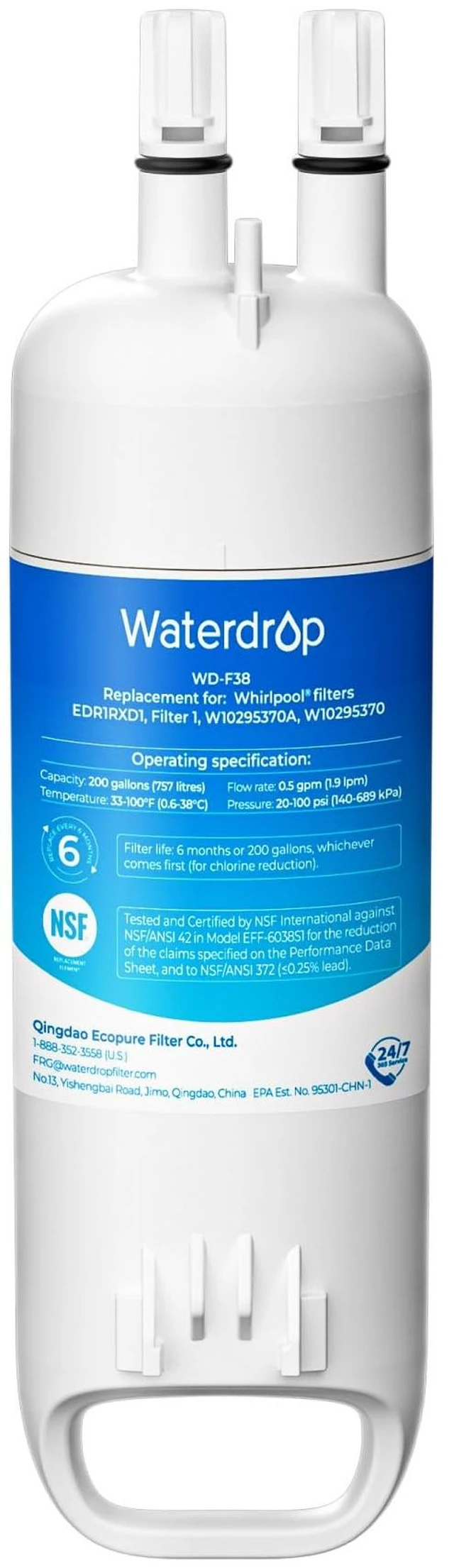 Main image of Waterdrop EDR1RXD1 Water Filter, Replacement for Everydrop® Filter 1,Replacement for W10295370A, EDR1RXD1B, P8RFWB2L, P4RFWB, Kenmore® 46-9081, 46-9930, WD-F38 Refrigerator Water Filter