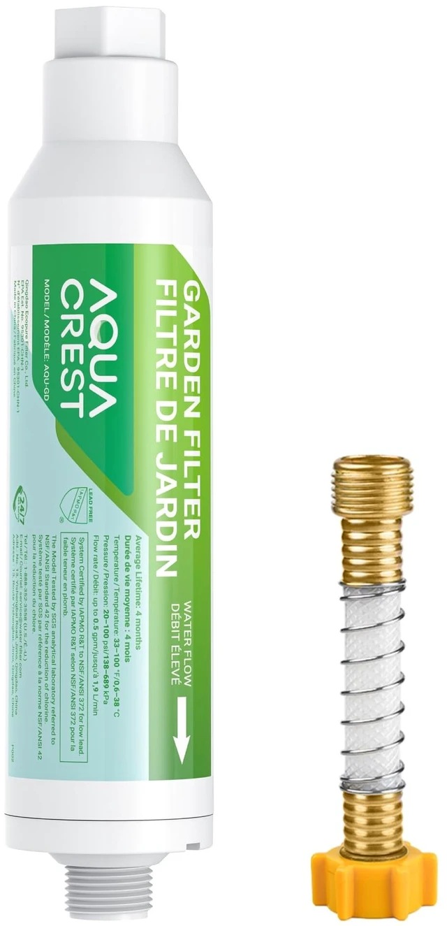 Main image of AQUA CREST Garden Hose Water Filter for Plants, NSF/ANSI Certified, Reduces Chlorine, Odor, Improves Plant Health, Suitable for Gardening, Farming and Pets, with Flexible Hose Protector