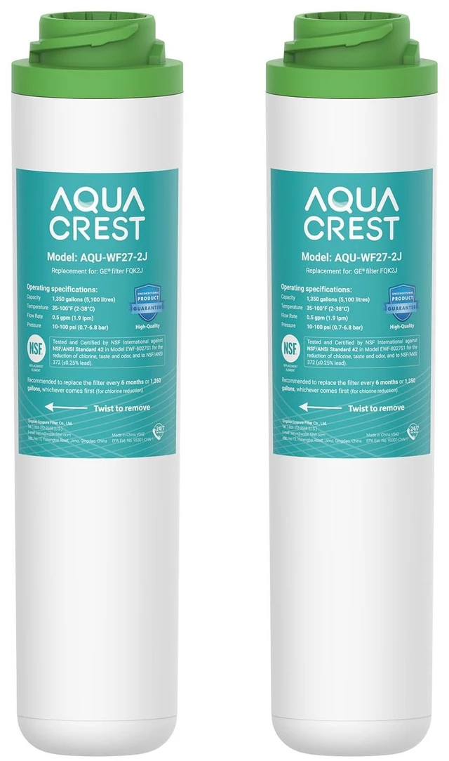 Main image of AQUA CREST FQK2J Water Filter Replacement for GE FQK2J, FQK1K, 2 Pack, Compatible with GE GXK255TBN, NSF/ANSI 42 372 Certified, 1350 Gallons Dual Flow Drinking Water Replacement Filters