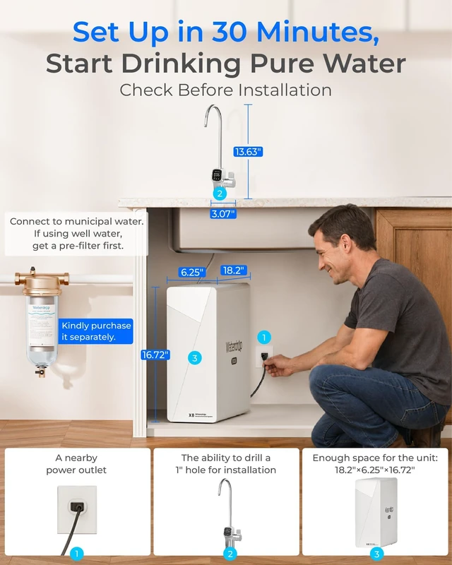 Alt view image 2 of 7 - Waterdrop X8-WAN Alkaline Mineral Tankless Reverse Osmosis System Undersink, NSF/ANSI 42&58&372 Certified, 800 GPD RO Water Filter System, 10-Stage Filtration, 2:1 Pure to Drain