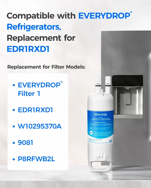Alt view image 3 of 7 - Waterdrop EDR1RXD1 Water Filter, Replacement for Everydrop® Filter 1,Replacement for W10295370A, EDR1RXD1B, P8RFWB2L, P4RFWB, Kenmore® 46-9081, 46-9930, WD-F38 Refrigerator Water Filter