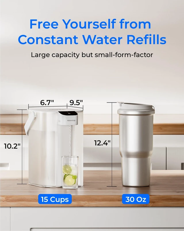 Alt view image 7 of 7 - Waterdrop ED01W Electric Water Filter Pitcher, NSF/ANSI 42&53&401&372,White, 200-Gallon Long-Life, Reduce 99.6% of Lead and 45+ Impurities, 15-Cup, Rechargeable Instant Dispenser, Does not Lower TDS