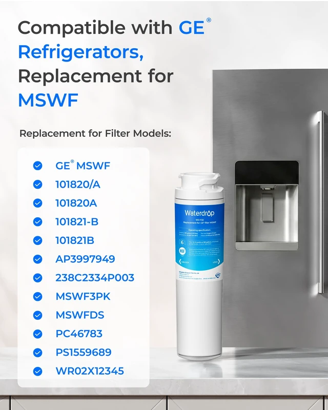 Alt view image 2 of 7 - Waterdrop MSWF Refrigerator Water Filter, Replacement for GE® MSWF, 3 Pack, Compatible With GE® 101820A, 101821B, RWF1500A, MSWF3PK, MSWFDS, PC46783, PS1559689, WR02X12345