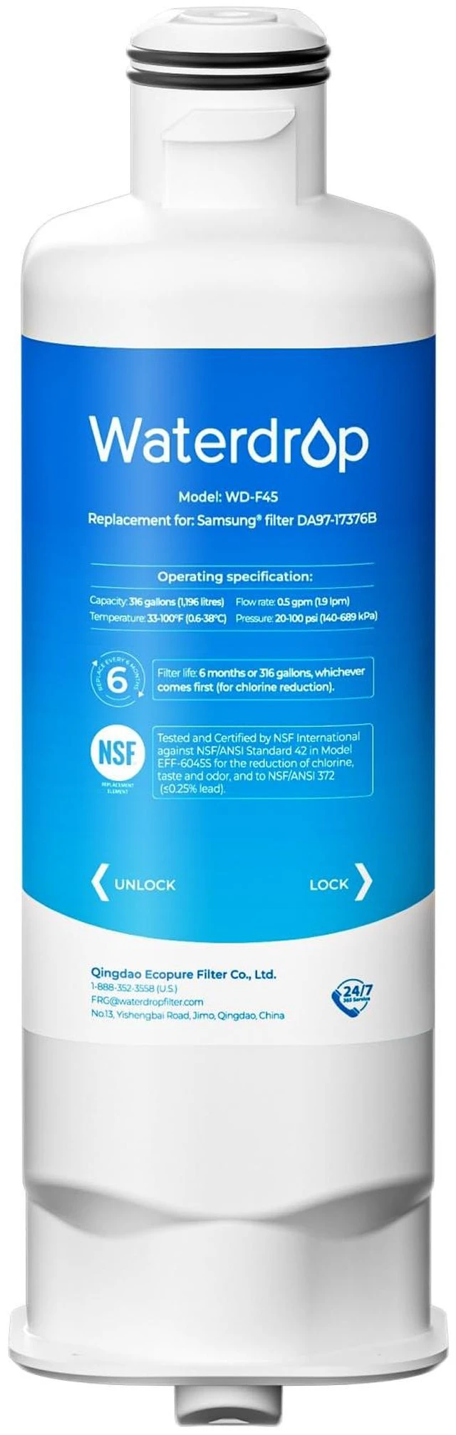 Main image of Waterdrop WD-F45 Water Filter, Replacement for Samsung® DA97-17376B,Replacement for Samsung® DA97-17376B, HAF-QIN/EXP, DA97-08006C, RF28R7201SR, RF28R7351SG Refrigerator Water Filter