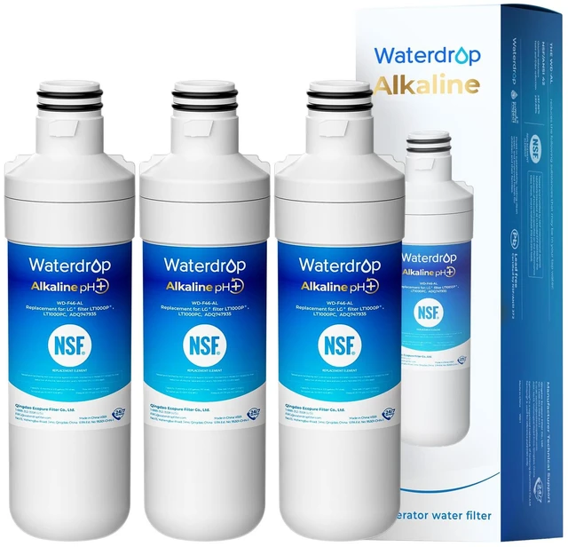 Main image of Waterdrop Alkaline LT1000PC ADQ747935 Refrigerator Water Filter, 3 Pack, Replacement for LG® LT1000P®/PC/PCS, LFXS26973S, LMXS28626S, LMWS27626S, LFXS28596S, ADQ74793501, ADQ74793502 and LT120F®