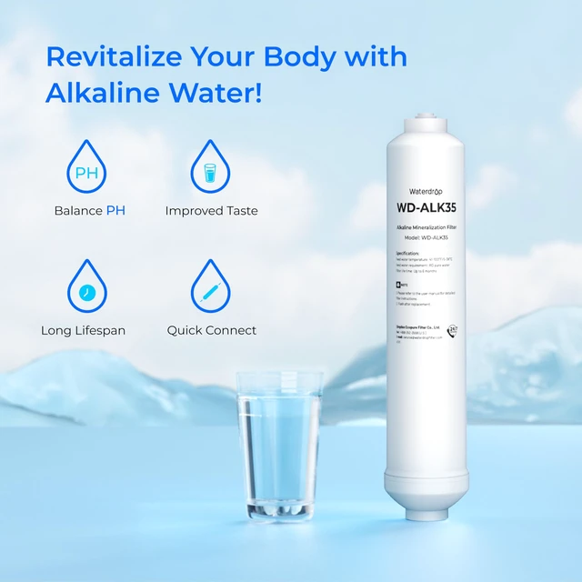 Alt view image 2 of 7 - Waterdrop ALK35 Alkaline Undersink Water Filter, NSF/ANSI 372 Certified, 6-Month Lifetime, 1/4" & 3/8" Quick Connect, pH Balance and Restore Alkaline Minerals for RO Filter, Under-Sink Water Filter