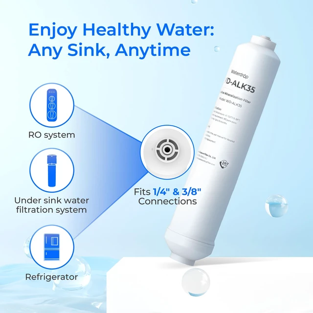 Alt view image 3 of 7 - Waterdrop ALK35 Alkaline Undersink Water Filter, NSF/ANSI 372 Certified, 6-Month Lifetime, 1/4" & 3/8" Quick Connect, pH Balance and Restore Alkaline Minerals for RO Filter, Under-Sink Water Filter