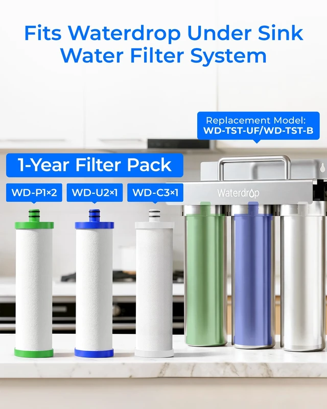 Alt view image 2 of 7 - Waterdrop 2P1U2C3 Replacement Filter for TST-UF, 1-Year Replacement Pack, Replacement for Waterdrop TST-UF & TST-B 3-Stage Under Sink Water Filtration System, 4 Filters (2 x P1, 1 x U2, 1 x C3)