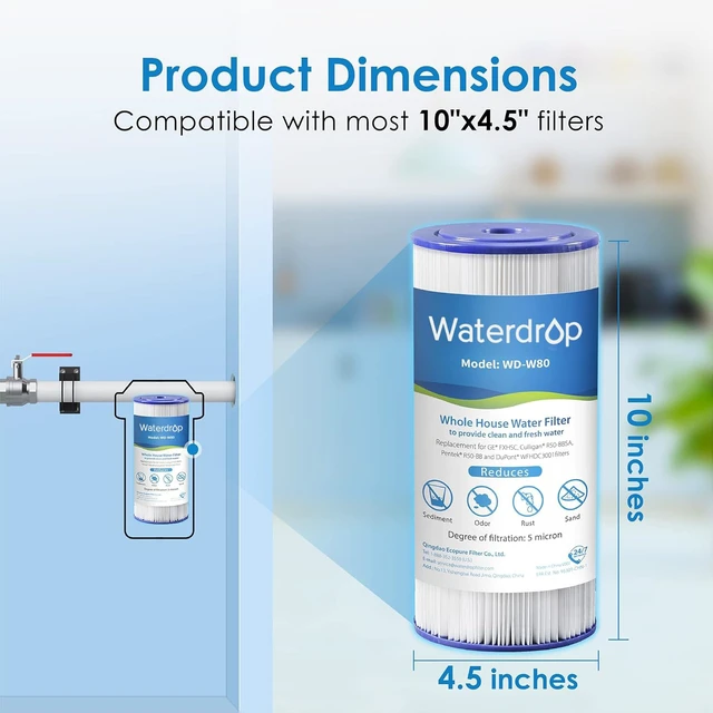 Alt view image 4 of 7 - Waterdrop FXHSC Whole House Water Filter for GE® FXHSC, 5 Micron, Replacement for Culligan® R50-BBSA, Pentek R50-BB, DuPont WFHDC3001, W50PEHD, GXWH40L, GXWH35F, 10" x 4.5", 6 Months, 2 Pack