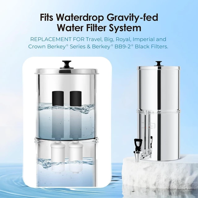 Alt view image 6 of 7 - Waterdrop Gravity Water Filter, 2 Carbon Filters and 2 Fluoride Filters, Compatible with Berkey®, BB9-2® Filters & PF-2® Filters, Waterdrop Gravity Water Filter System, NSF/ANSI 372 Certified