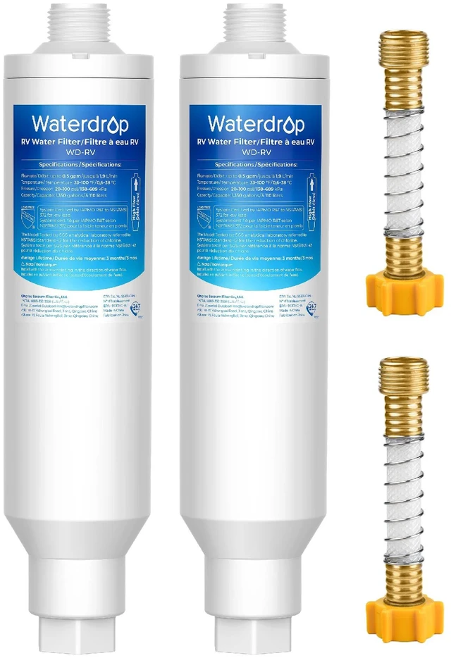 Main image of Waterdrop RV Inline Water Filter, Garden Hose and Camper Water Filter, Reduces Chlorine, Odor, Bad Taste and Sediment in Drinking Water, NSF/ANSI Certified, with 2 Flexible Hose Protectors, 2 Pack