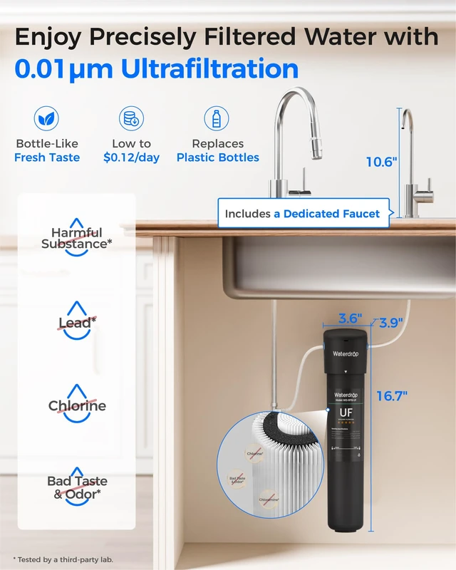 Alt view image 2 of 7 - Waterdrop 15UB-UF 0.01 m Ultra Filtration Under Sink Water Filter System,Reduces Lead, Chlorine, Bad Taste & Odor, with Dedicated Brushed Nickel Faucet, 2 Years