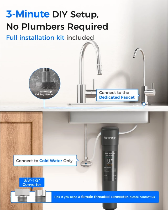 Alt view image 7 of 7 - Waterdrop 15UB-UF 0.01 m Ultra Filtration Under Sink Water Filter System,Reduces Lead, Chlorine, Bad Taste & Odor, with Dedicated Brushed Nickel Faucet, 2 Years