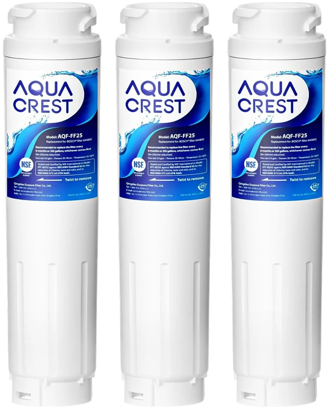 Main image of AQUA CREST 644845 Refrigerator Water Filter, 3 Pack, Replacement for Bosch® 644845, 11034152, 9000077104, UltraClarity® REPLFLTR10, B22CS50SNS, B26FT70SNS, B22CS80SNS