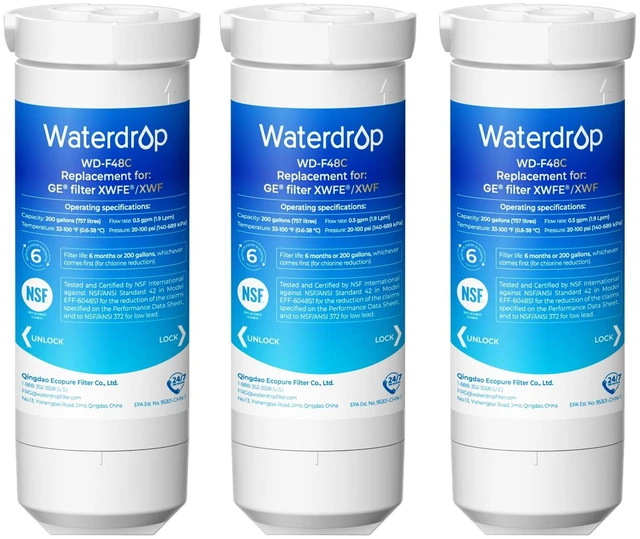 Main image of Waterdrop Water Filter Replacement for GE® XWFE®, Built-in Chip, 3 Pack, Replacement for GE® XWF, Compatible with GNE27, GFE26, GDE25, GSS25 and PSE25 Series Refrigerators, NSF 42 & 372 Certified