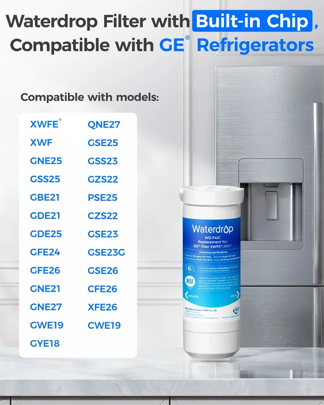 Alt view image 3 of 7 - Waterdrop Water Filter Replacement for GE® XWFE®, Built-in Chip, 3 Pack, Replacement for GE® XWF, Compatible with GNE27, GFE26, GDE25, GSS25 and PSE25 Series Refrigerators, NSF 42 & 372 Certified