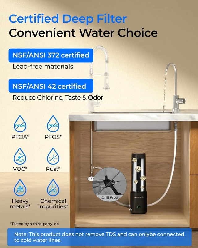 Alt view image 2 of 7 - Waterdrop UL12B Under Sink Water Filter, Upgraded for 10UB, Time Reminder, No Drill Required for Renters, with Brushed Nickel Faucet, Reduces Chlorine, Bad Taste & Odor, 1 Year (Filter: FUL12)