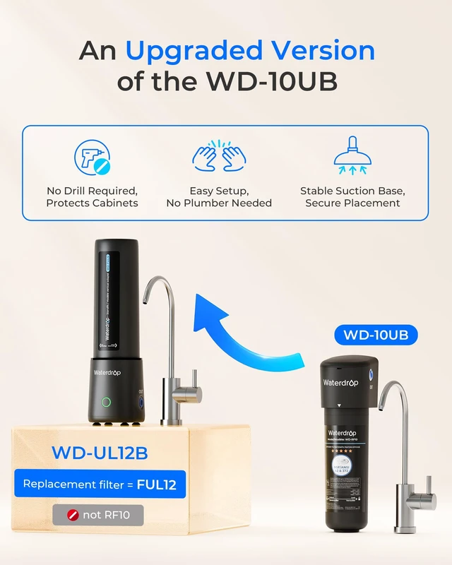 Alt view image 4 of 7 - Waterdrop UL12B Under Sink Water Filter, Upgraded for 10UB, Time Reminder, No Drill Required for Renters, with Brushed Nickel Faucet, Reduces Chlorine, Bad Taste & Odor, 1 Year (Filter: FUL12)