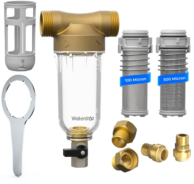 Main image of Waterdrop RPFK15 Spin Down Sediment Filter, 100 Micron+500 Micron,Backwash Whole House Water Filter System for City/Well Water, 1" MNPT + 3/4" FNPT + 3/4" MNPT, Traps Sand, BPA Free