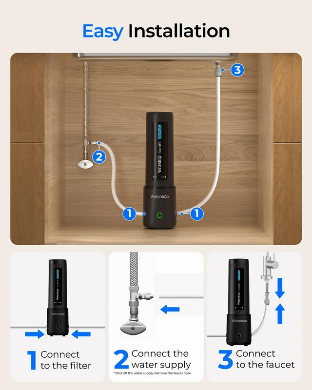 Alt view image 6 of 7 - Waterdrop UL12B Under Sink Water Filter, Upgraded for 10UB, Time Reminder, No Drill Required for Renters, with Brushed Nickel Faucet, Reduces Chlorine, Bad Taste & Odor, 1 Year (Filter: FUL12)