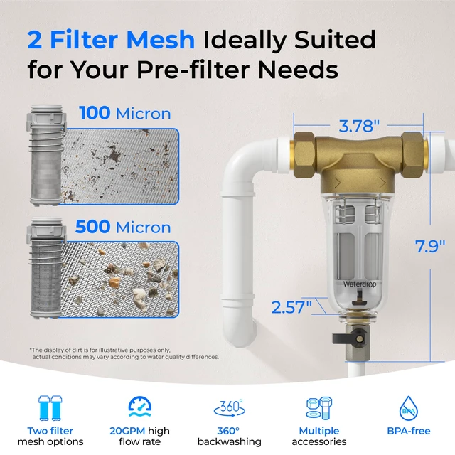 Alt view image 2 of 7 - Waterdrop RPFK15 Spin Down Sediment Filter, 100 Micron+500 Micron,Backwash Whole House Water Filter System for City/Well Water, 1" MNPT + 3/4" FNPT + 3/4" MNPT, Traps Sand, BPA Free