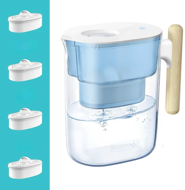 Main image of Waterdrop PT-04B 10-Cup Water Filter Pitcher with 4 Filters, NSF Certified,800-Gallon Long-Life Filter, 5X Longer Filter Life, Reduces PFOA/PFOS and Chlorine, BPA-Free, Sturdy Wooden Handle, Blue