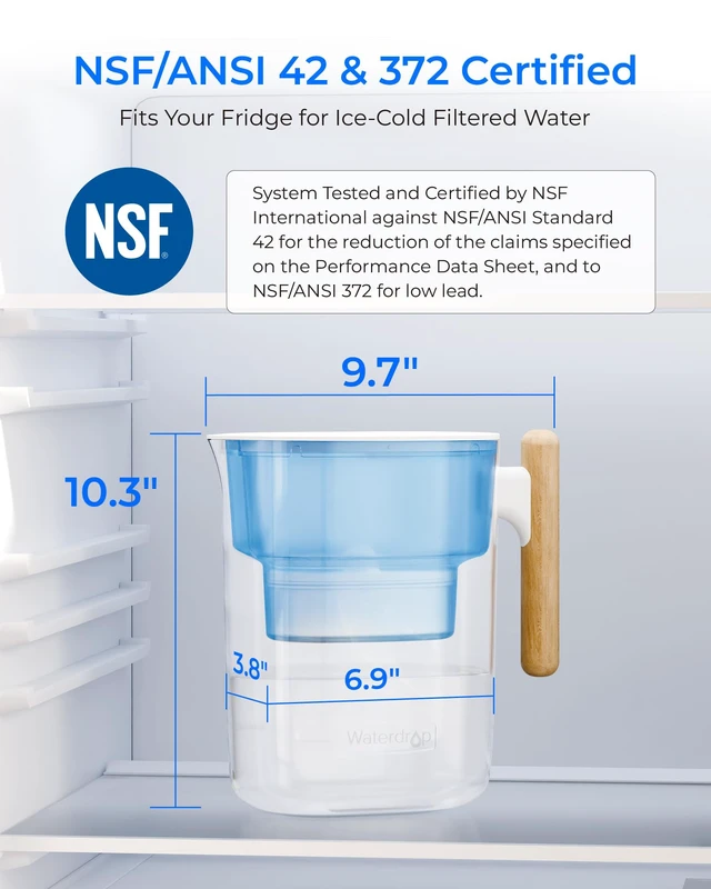 Alt view image 2 of 7 - Waterdrop PT-04B 10-Cup Water Filter Pitcher with 4 Filters, NSF Certified,800-Gallon Long-Life Filter, 5X Longer Filter Life, Reduces PFOA/PFOS and Chlorine, BPA-Free, Sturdy Wooden Handle, Blue