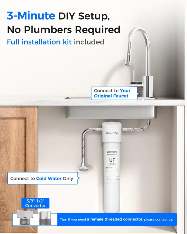 Alt view image 7 of 7 - Waterdrop 15UAW-UF 0.01 m Ultra Filtration Under Sink Water Filter System, Reduces Lead, Chlorine, Bad Taste & Odor, Connects Directly to Your Faucet, White, 2 Years