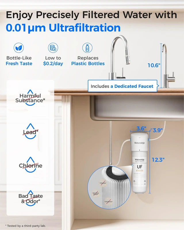 Alt view image 2 of 7 - Waterdrop 10UBW-UF 0.01 m Ultra Filtration Under Sink Water Filter System, Reduces Lead, Chlorine, Bad Taste & Odor, 1 Year, with Dedicated Brushed Nickel Faucet