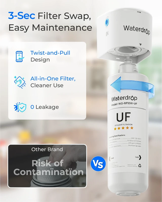 Alt view image 5 of 7 - Waterdrop RF10W-UF Water Filter Replacement for Waterdrop 10UAW-UF/10UBW-UF,Reduces PFOA/PFOS, Lead, Chlorine, Bad Taste & Odor, 0.01 m Under Sink Water Filter, 1 Year, White