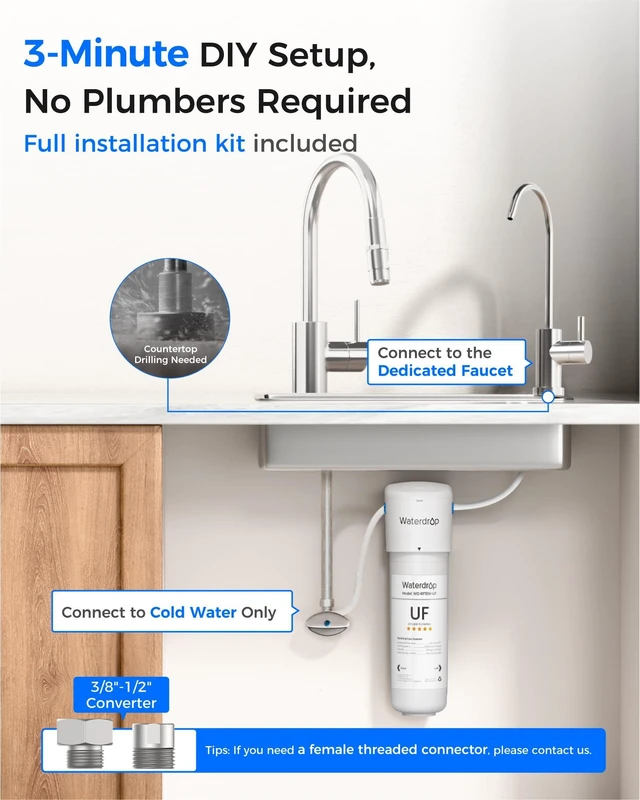 Alt view image 7 of 7 - Waterdrop 10UBW-UF 0.01 m Ultra Filtration Under Sink Water Filter System, Reduces Lead, Chlorine, Bad Taste & Odor, 1 Year, with Dedicated Brushed Nickel Faucet