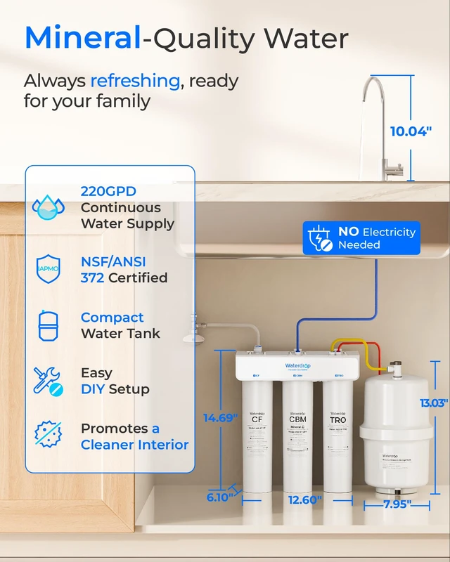 Alt view image 2 of 7 - Waterdrop T3-T Remineralization Reverse Osmosis System, 220 GPD Faster Flow,No Power Needed, 7-Stage Filtration RO Water Filter, SGS Tested referred to NSF/ANSI 58, 2:1 Pure to Drain, Easy Installatio