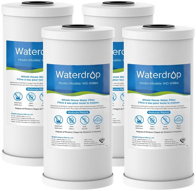 Main image of Waterdrop FXHTC Sediment and Carbon Water Filter for GE® FXHTC, 5 Micron, Replacement for GXWH40L, GXWH35F, GNWH38S, Culligan® RFC-BBSA, WRC25HD, PP10BB-CC, Pentek RFC-BB, 10" x 4.5", 4 Pack