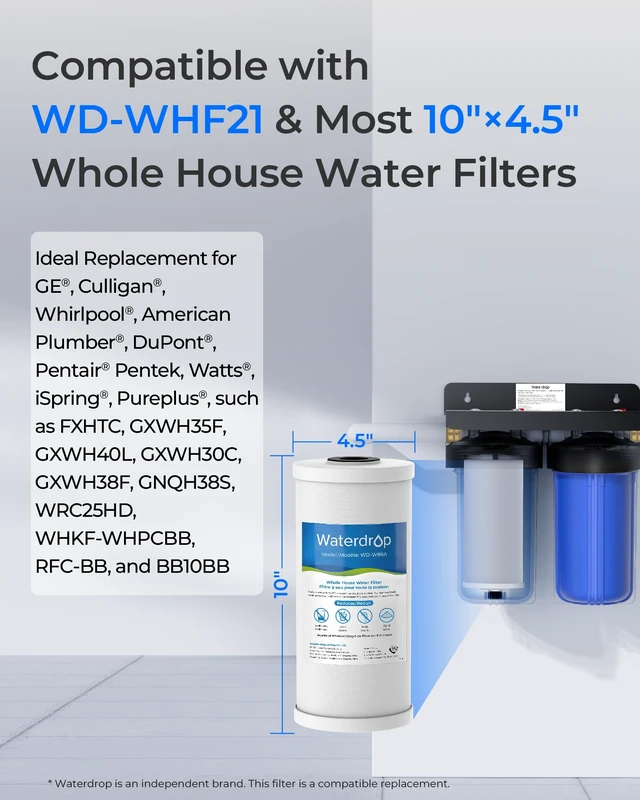 Alt view image 2 of 7 - Waterdrop FXHTC Sediment and Carbon Water Filter for GE® FXHTC, 5 Micron, Replacement for GXWH40L, GXWH35F, GNWH38S, Culligan® RFC-BBSA, WRC25HD, PP10BB-CC, Pentek RFC-BB, 10" x 4.5", 4 Pack