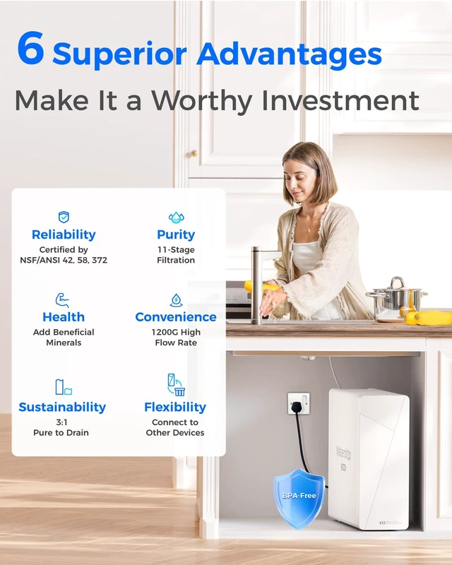 Alt view image 2 of 7 - Waterdrop X12 Alkaline Mineral Reverse Osmosis System, 1200 GPD, Under-Sink,NSF/ANSI 42 & 58 & 372 Certified, 11-Stage Filtration, Tankless RO System, 3:1 Pure to Drain, Smart Silver Faucet, BPA Free