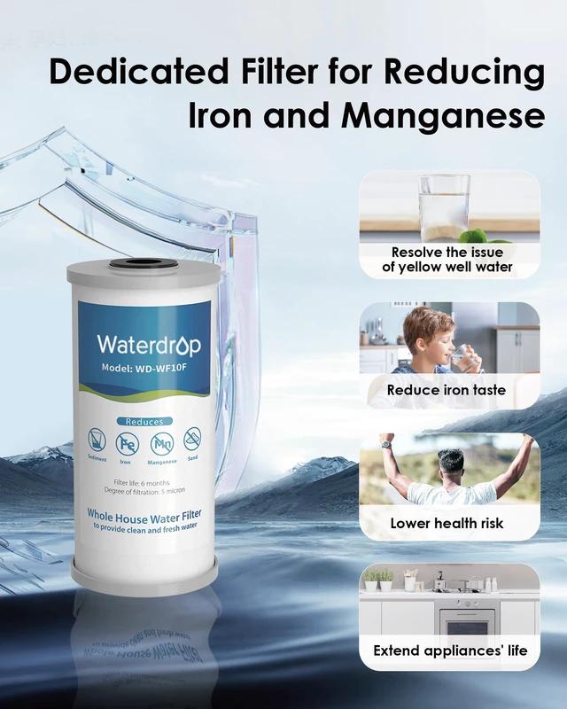 Alt view image 2 of 6 - Waterdrop WHF21-FG 2-Stage Whole House Water Filter System, NSF/ANSI 372,Reduce 96.4%Iron & 98.2%Manganese, Lead, Chlorine, Odor, 5-Stage Filtration, with Carbon and Sediment Filter, 1" Inlet/Outlet